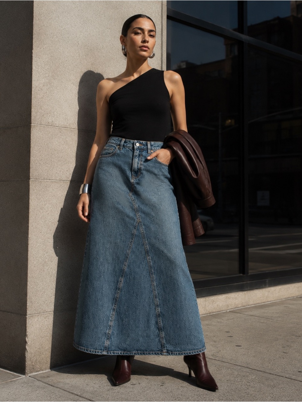 Mango Paneled Denim Maxi Skirt Medium Wash XS